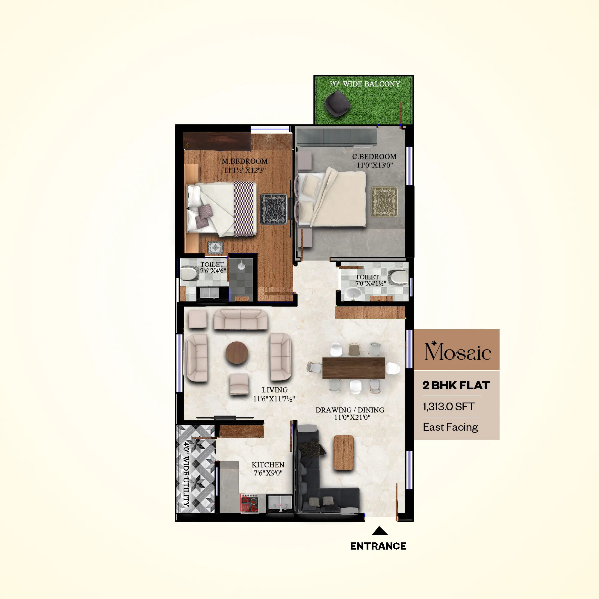 East Facing - 2BHK - 1,3130 SFT