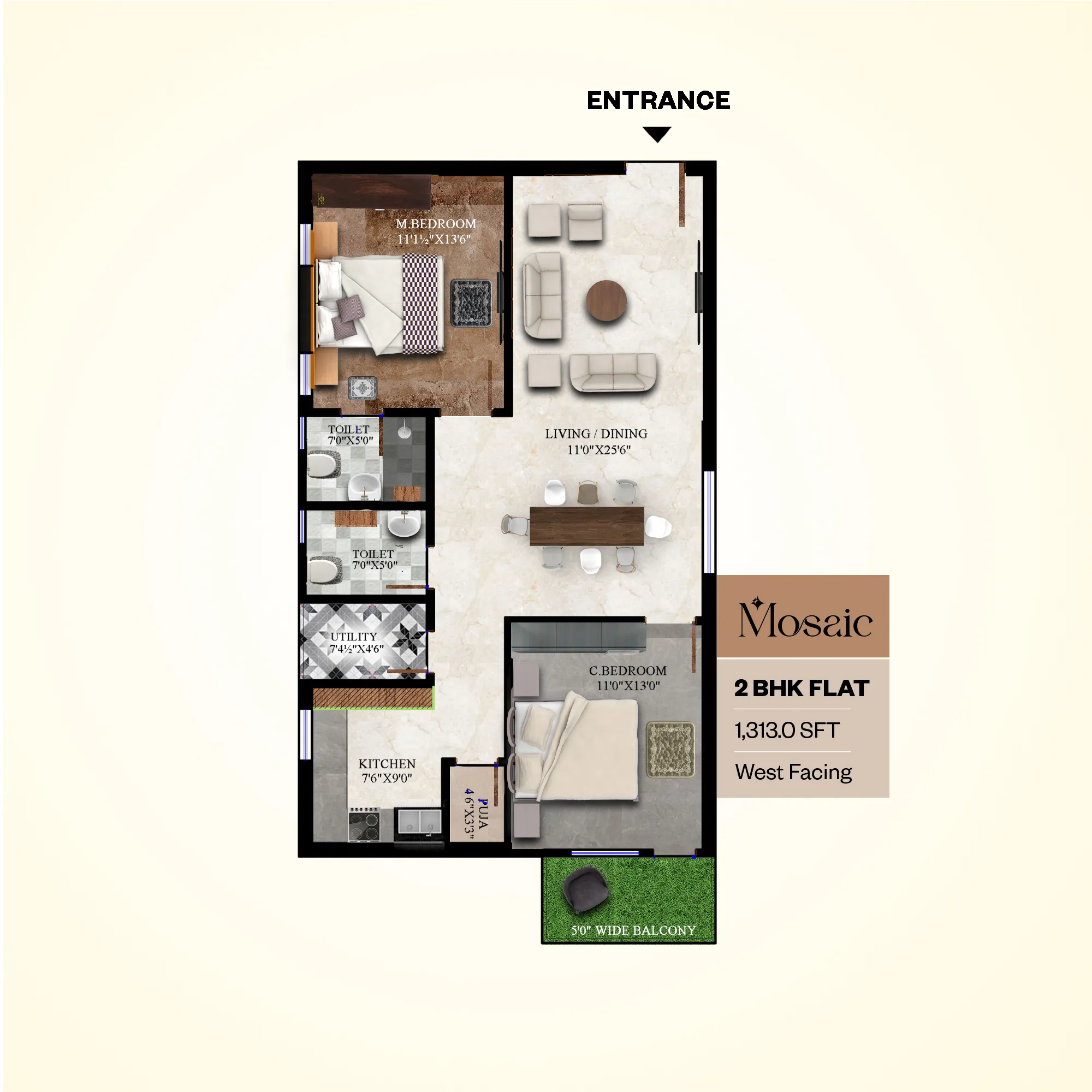 West Facing - 2BHK - 1,3130 SFT